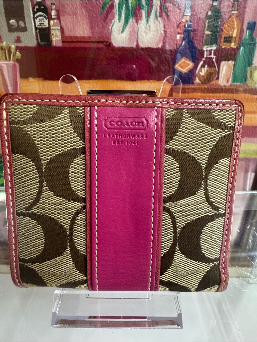 Coach Signatures Canvas Wallet w/ KISS LOCK Coin Purse & Fuchsia Leather Center